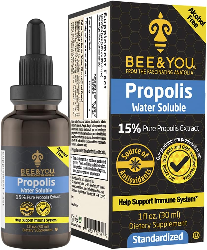 Bee in You 15% Pure Propolis Vodna raztopina Ekstrakt - visoka moč - nič sladkorja - nič kalorij - naravna imunska podpora&Trenutno grlo Relief Antioksidanti, Keto, Paleo, Gluten-free, 1 Fl Oz