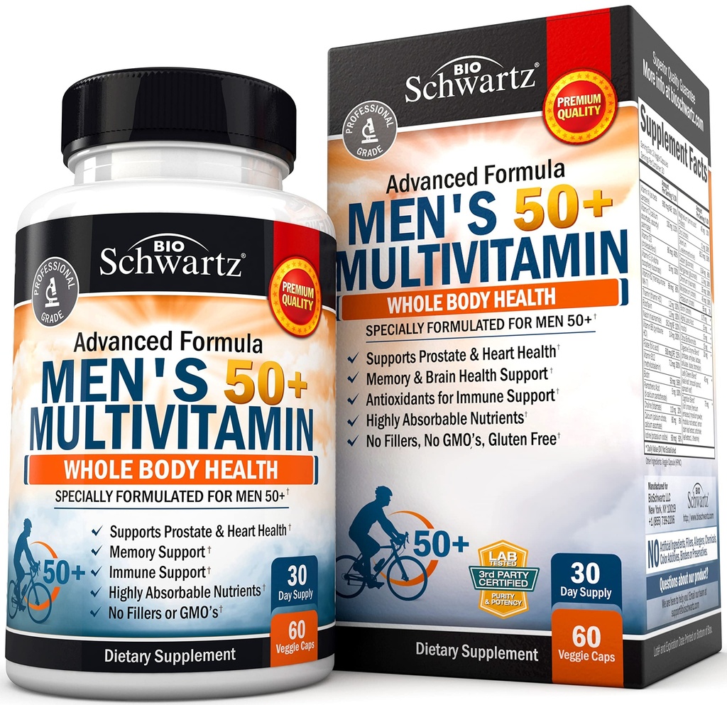 Enkrat dnevno multivitamin za moške 50 in več - dodatek za zdravje srca podpora - z cinkom, A, B, C, D3, E vitamini - za spomin in zdravje možganov - zasnovan za zdravje celega telesa - 60 Count