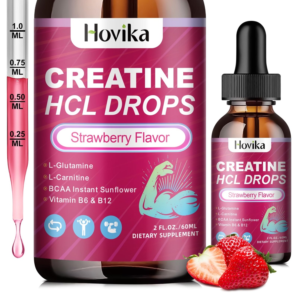 Kreatin HCL tekoče kapljice za moške in ženske, kreatin hidroklorid z L-karnitinom, L-glutamin, BCAA, vitamin B12 in B6 za rast mišic, spodbujanje energije in regeneracije-Vegan, jagodni okus, 2 Fl Oz