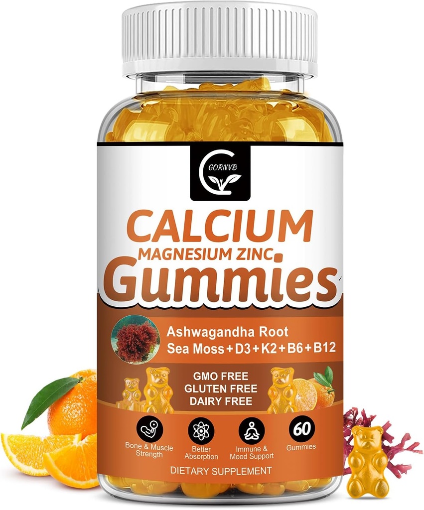 1200mg kalcijevi gumiji z vitaminom D3,K2,B12 & B6 - Rastlinski kompleks kalcij Magnezij dodatek z glicinat,Potasium,Sea Moss,Ashwagandha Koren za kosti in zobe moč, mišice in imunski