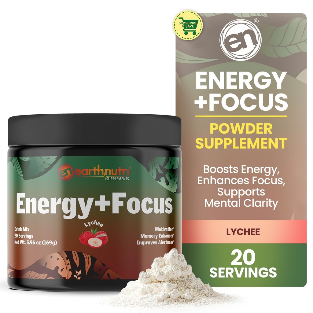 EarthNutri Energy + Fokus Powder Supplement - Energy Boost & pomaga koncentracijo s PeakO2, AlphaSize, Cognizin, PurCaf, Theacrine, Acetil L-Carnitine L-Tirozin – Lichee Flavor - 20 Servings (171g)