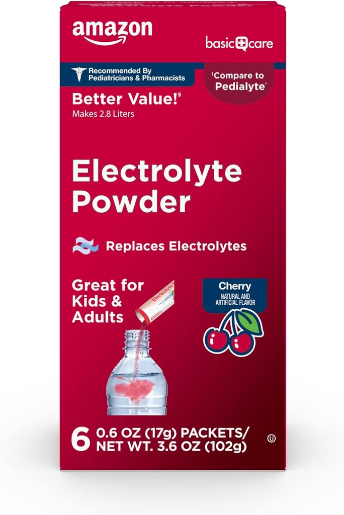 Osnovna nega Elektrolit Powder paketi za otroke in odrasle, češnjeva aroma, 6 štetje (paket po 1)