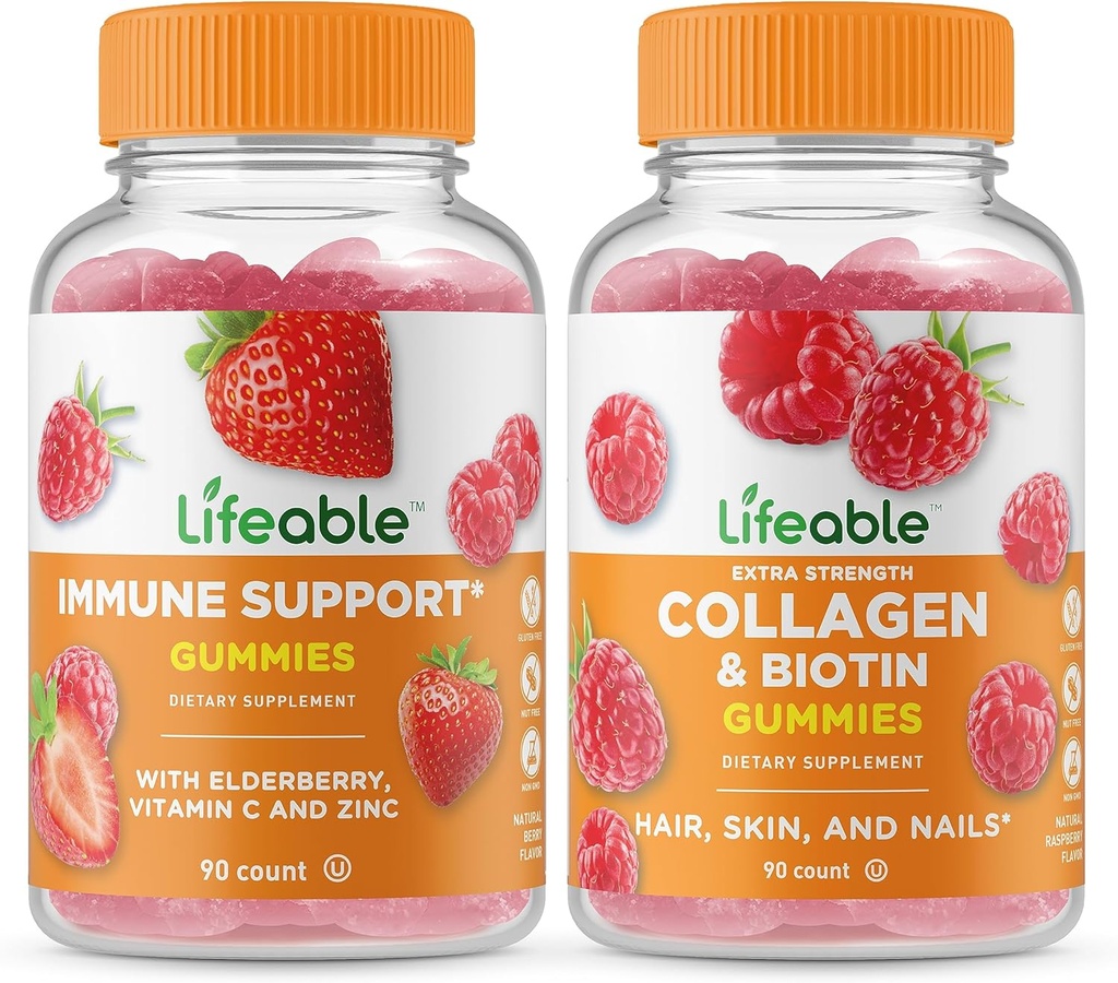 Življenjska Imunska podpora + Kolagen & Biotin, Gummies Bundle - odličen okus, vitaminski dodatek, Gluten brezplačno, GSO brezplačno, žvečljivi gumi