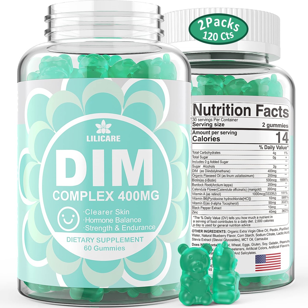 DIM dodatek ženske 400mg, Estrogen dodatek za ženske, sladkor brez DIM Gumies za moške in ženske + Biotin, Laneno olje, Burdock, Calendula, BioPerine za Hormonovo ravnovesje, Menopause & Prostata 120Cts