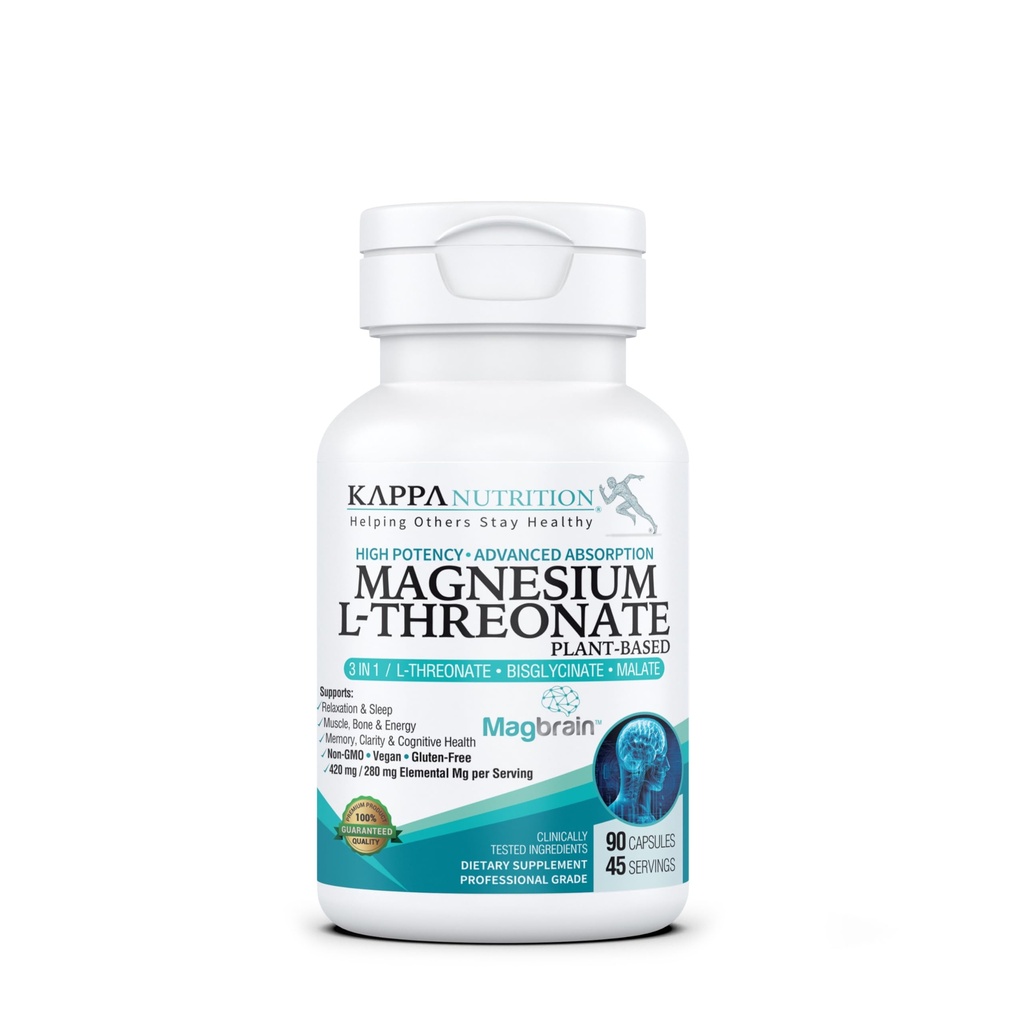 Kappa Nutrition Powered by MagbrainTM Magnezij L-Threonate Plant-Based, 420mg Elemental Magnezij (3 kapsule) iz 2.253mg, 90 Veganske kapsule, Možgani, Sleep & Muscle Support.