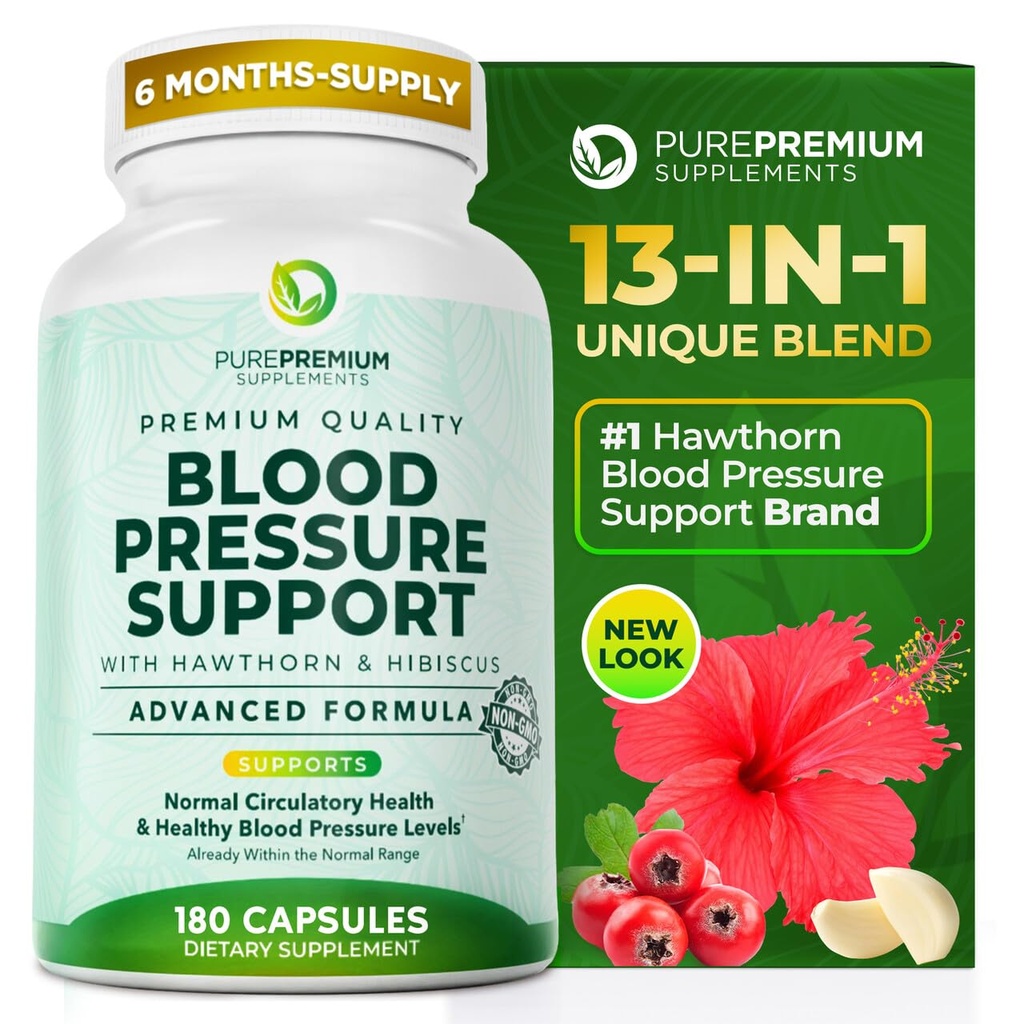 PurePremium krvni tlak dopolnila z Hawthorn Berry, Hibiscus, Česen & Vitamin B12- Dušikov oksid dopolnilo za normalno zdravje srca, kroženje zdravje in podpora krvni tlak - 180ct