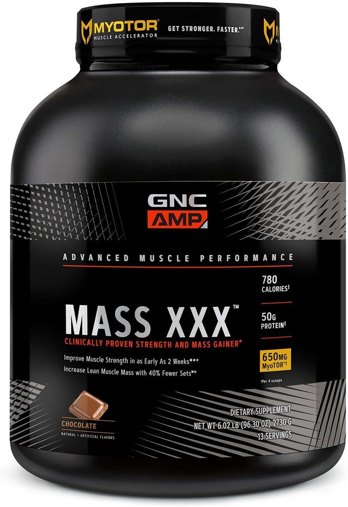 GNC AMP Mass XXX, Klinično dokazano pridobivanje teže beljakovin v prahu, Izboljša moč in velikost, 780 kalorij, 50g beljakovine, mikronizirane aminokisline, Kreatin, Betain, Čokolada, 13 Serving, 6 funtov