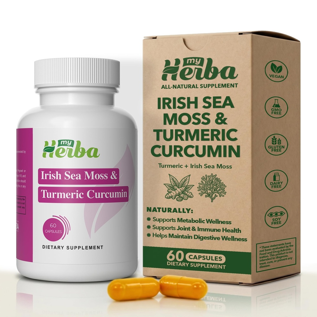 Sea Moss & Kurkumin dodatek - Veganska formula z organskim irskim Moss & standardiziranim kurkuminoidi (95 % kurkuminoidi), skupna podpora in mobilnost za odrasle, 60 kapsul