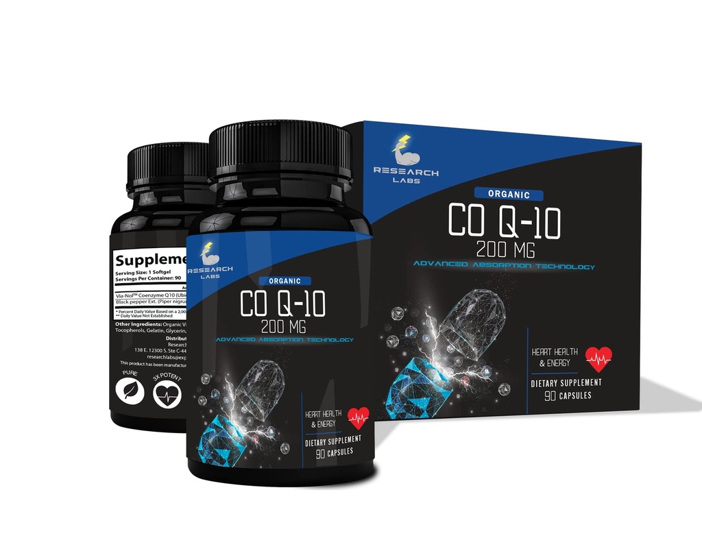 Raziskovalni laboratoriji Napredna absorpcija 200mg CoQ10 w/ Black Pepper Extract. 90 Softgels. Organski, Gluten brezplačno, Heart Health Support, Proizvodnja energije, Antioksidant dodatek
