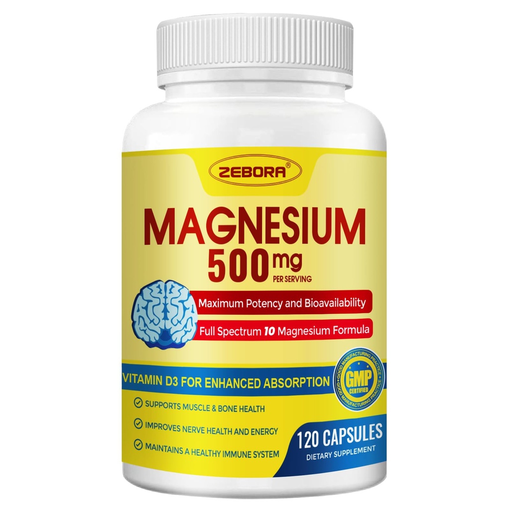 10-v-1 Magnezijev kompleks dodatek, Magnezij Glycinate 500mg s citratom in malatom, kelirana visoka absorpcija Plus vitamin D3 & cink - za živec, mišice in kosti podpora - 120 kapsul