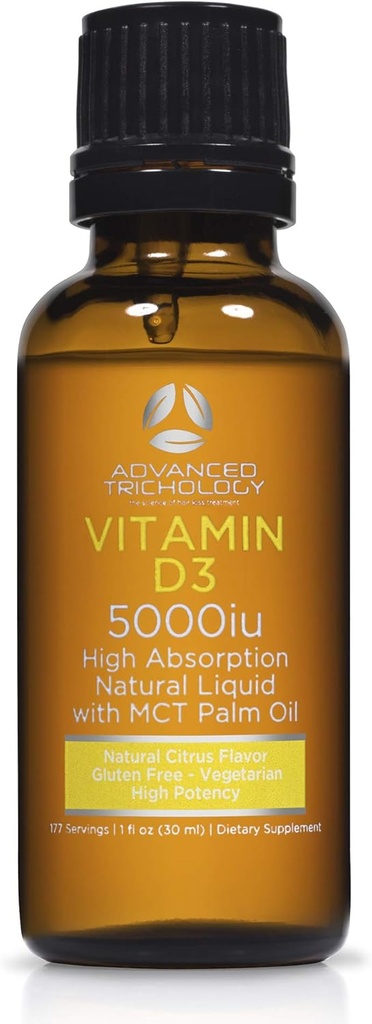 Advanced Trichologia Vegetarian Liquid Vitamin D3-5000 iu Visoka absorpcija - 1000 iu na kapljico - 6 mesecev dobava - Gluten Free 365 VIT D - 1 Fluid Ounce (Pack po 1)