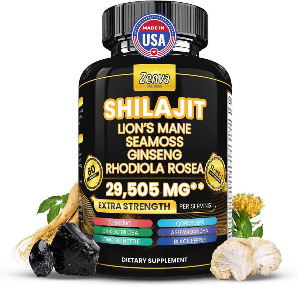 Shilajit in Sea Moss Combo Pure Shilajit za moške in ženske Himalajski Shilajit Kapsule Dodatna moč z levi Mane, Rhodiola Rosea, Ashwagandha, Cordyceps, Ginseng Plus Turmeric