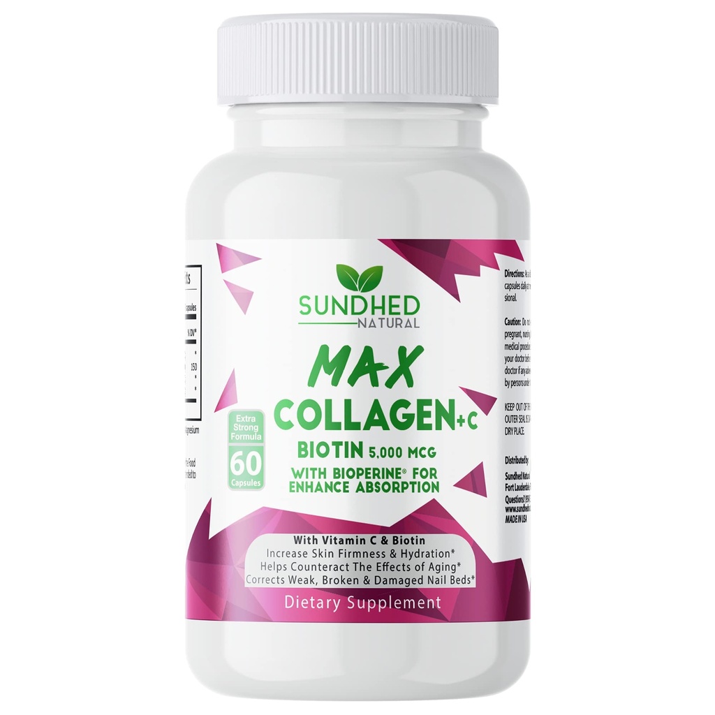 Max Collagen Plus C (60 kapsul) - Vse naravne kapsule z Biotin & Bioperine za povečanje proti staranju Hidracija in čvrstost kože - tablete kolagen za krepitev kosti in nohtov