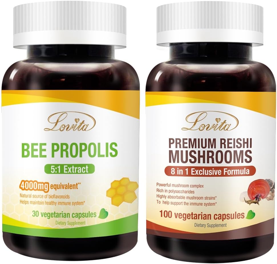 Lovita Bee Propolis Kapsula & Premium Reishi Gobe Nutrients Bundle. Prehranska dopolnila podpirajo boljšo prehrano in splošno dobro počutje