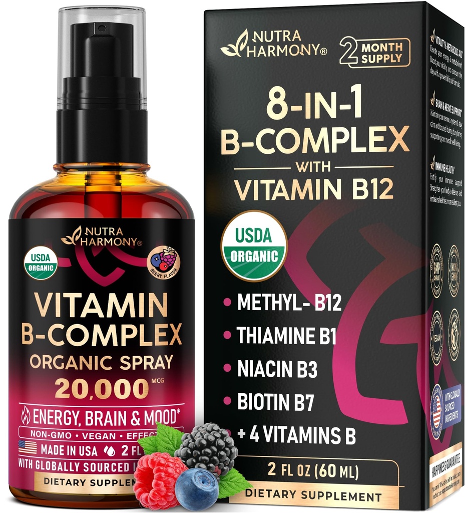 USDA Organski vitamin B-kompleks tekoči pršilo 8-v-1 - B5 Pantotenska kislina 