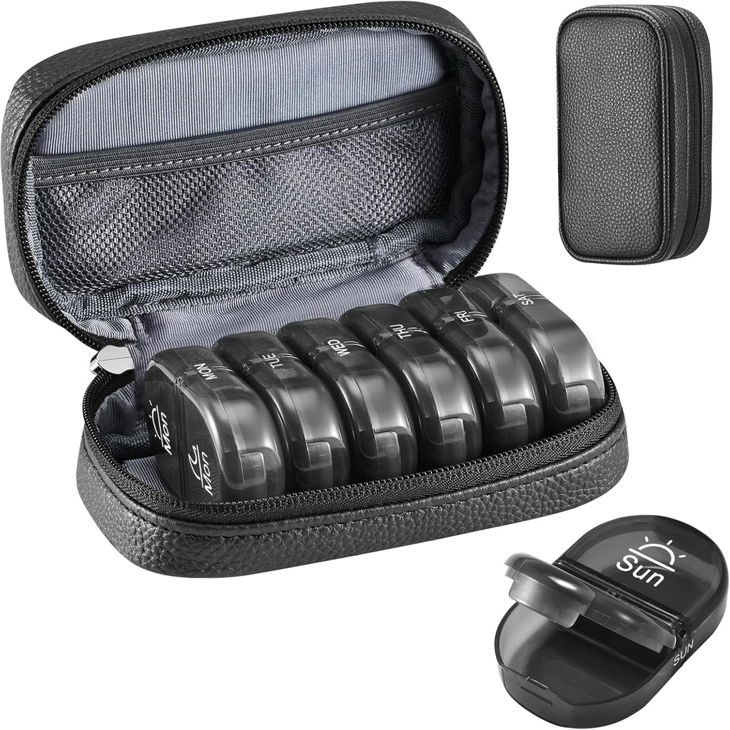 Serfeymi Tedenska potovalna tabletka Organizator 2 krat na dan AM PM Nadgrajen črne tablete Box 7 dan s prenosljivim Zipper PU usnje tablete Case, Medicine Organizator za tablete, Vitamini, Ribja olja - Črna 01