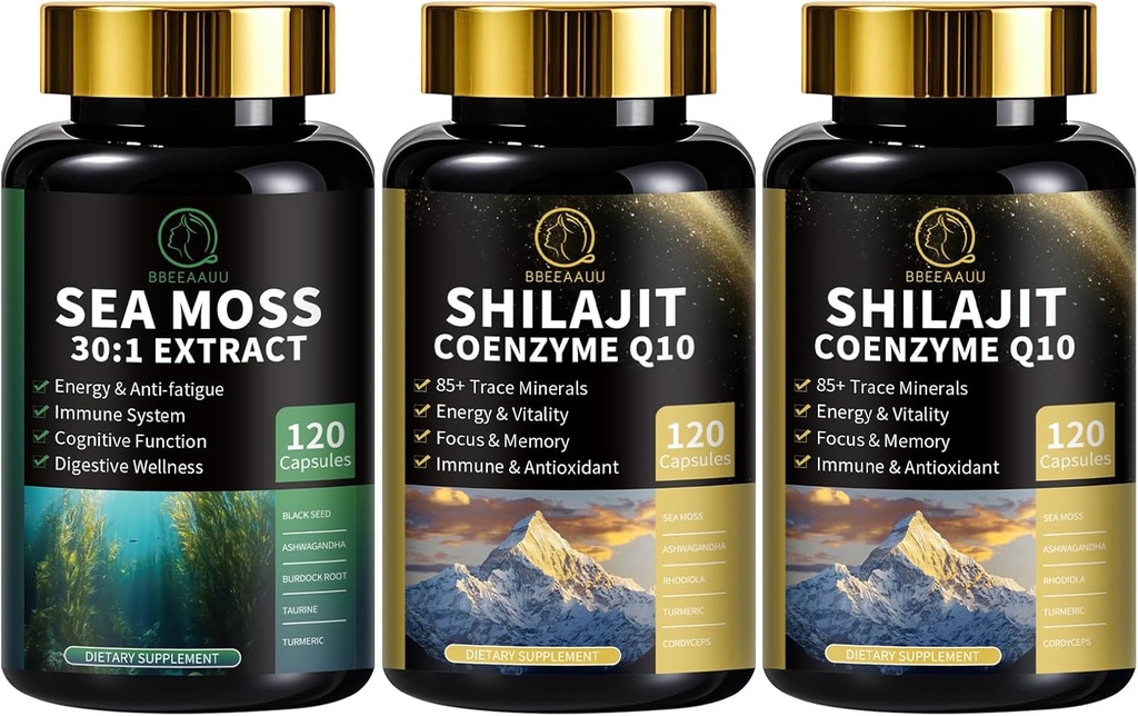 Sea Moss in Shilajit Kapsule za moške in ženske, Vse v 1 dodatki s Shilajit, Sea Moss, Koencim Q10, Črno seme, Ashwagandha, Burdock za energijo, Antioksidant in imunske podpore