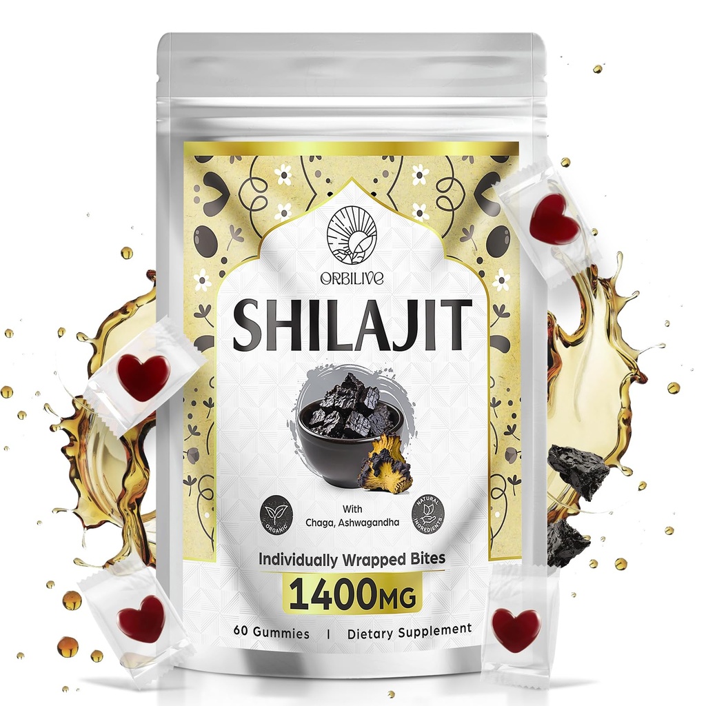1400 MG Shilajit Gumies, Shilajit Pure Himalaaan Organic Gumies with Ashwagandha, himalajski šilajit za moške, 85+ Trace Minerali & Fulvic Acid, individualno zaviti, brez sladkorja, 60 števk