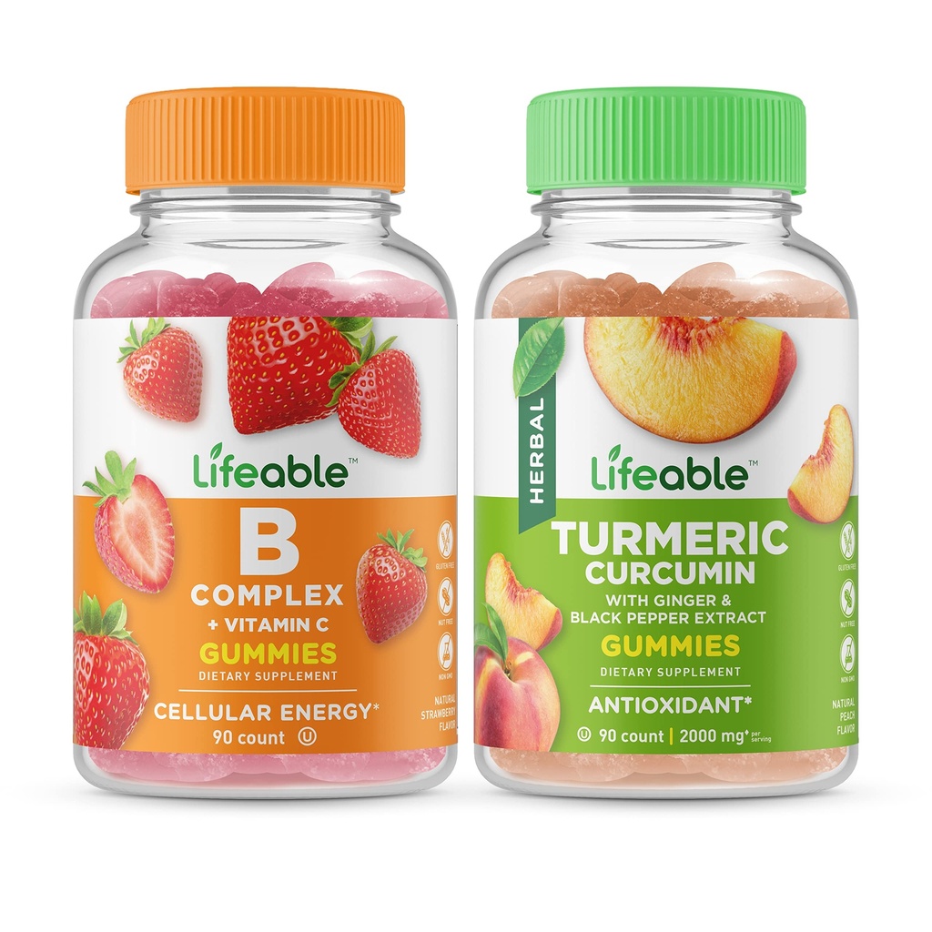 Življenjski B Complex + Kurkumin, Gummies Bundle - odlično degustacijo, Vitamin dopolnilo, Gluten brezplačno, GSO brezplačno, Žvečljiv