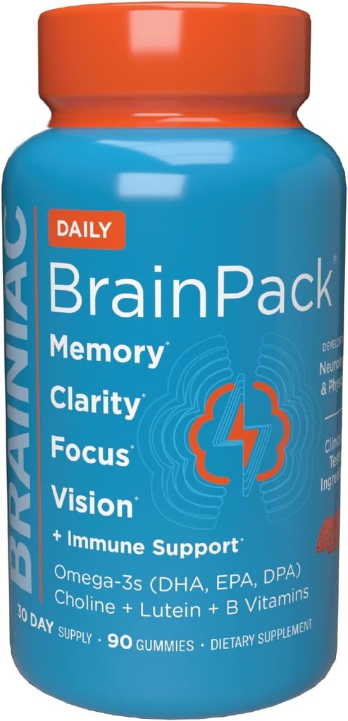 Brainiac Daily BrainPack Gummies, Podpira zdravje možganov z Omega 3 DHA EPA DPA, Choline, B6 & B12 in Lutein za zdravje oči z imuno podporo, Citrus Berry Flavor, 90 ct