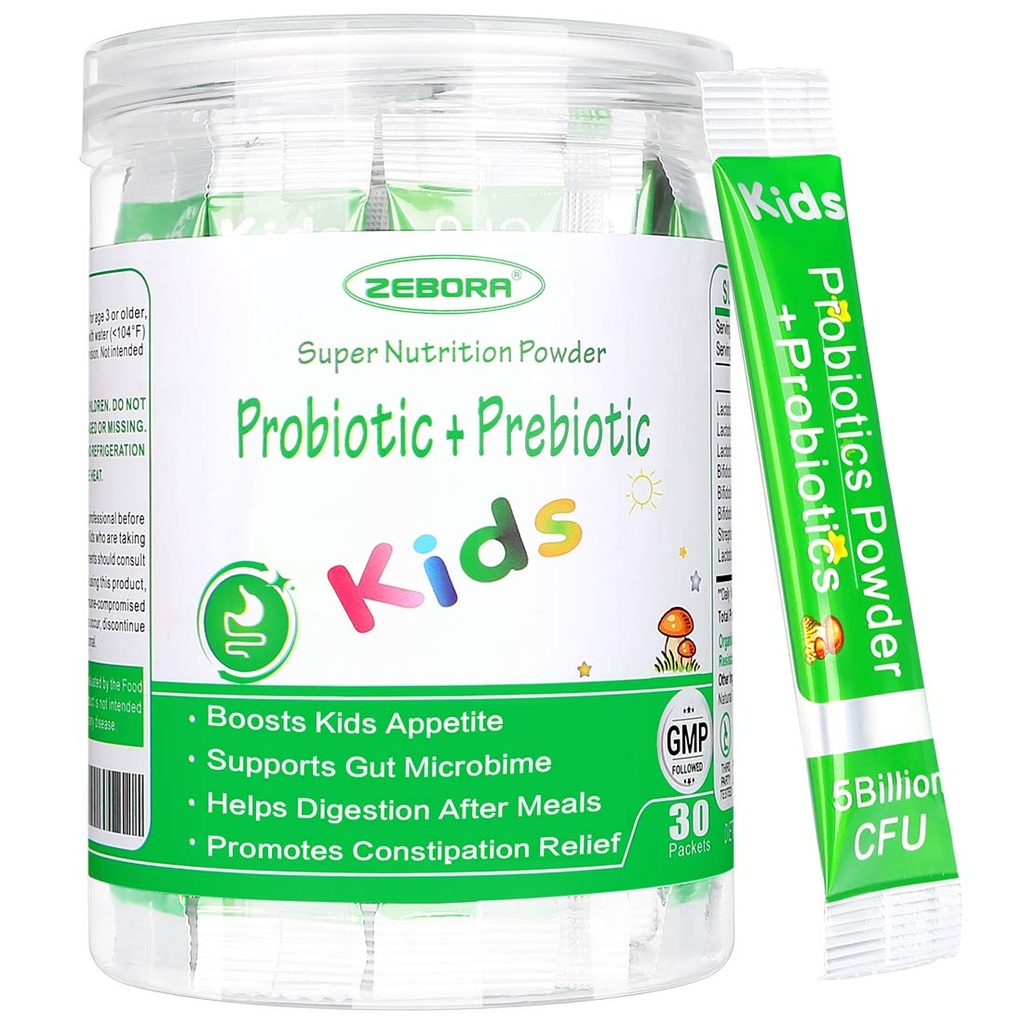ZEBORA Otroci probiotiki in prebiotiki Powder Age 3+ Podpora otroški prebavni in imunski sistem z naravnim virom, spodbuja zaprtje Relief, Non-GMO, Gluten-free, 30 paketov s 5 milijard CFU