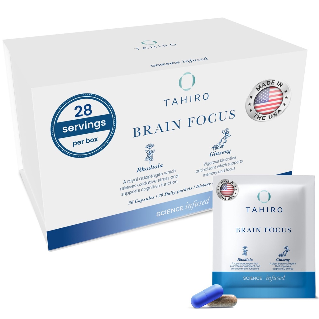 TAHIRO Brain Focus Supplement – Možgani dopolnila za spomin in fokus – Natural Brain Support z Gingko Biloba, Panax Ginseng, Zeliščni izvlečki – Non-GMO Vegan Brain Booster – 28-Packets