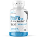 Nutri R Alpha Lipoična kislina 600 mg Kapsule - R Lipoična kislina Stabilizirana z biotinom - Aktivna oblika R-ALA - 600 mg Klinični odmerek - Močna celična energijska podpora - 30 veganskih kapsul - RALA