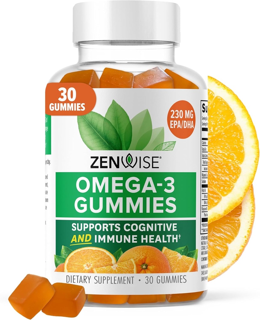 Zenwise Health Omega 3 Gummy Supplement - Burpless Omega 3 Dodatek z DHA & EPA maščobne kisline za imuno zdravje - Trajno izvorno ribje olje, Laneno olje in vitamin E - 30 Gumies