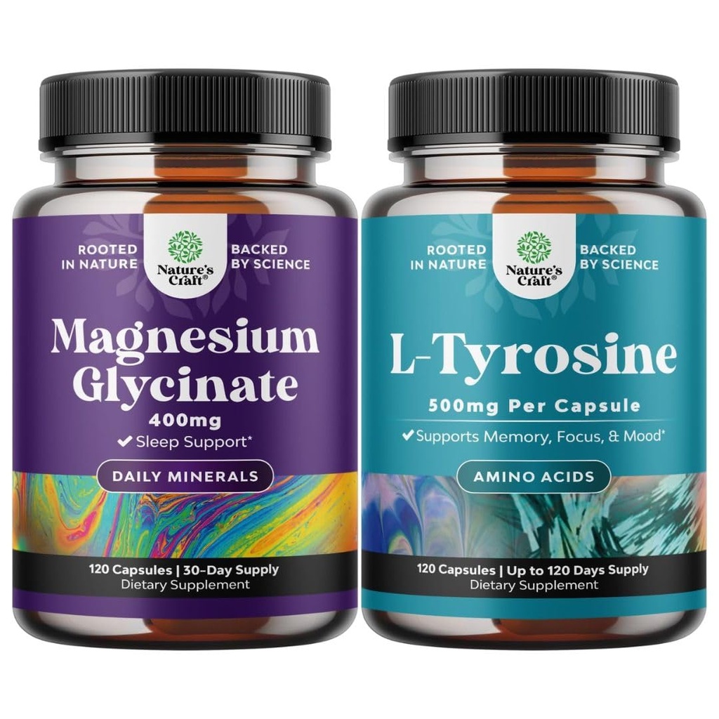 Mešanica magnezijevega glicinata 400 mg Kapsule in močan L tirozin 500 mg Kapsule - za podporo spancu Kost Zdravje Mišična regeneracija - Aminokisline Nutritivni dodatek za zdravje možganov Podpora ščitnici