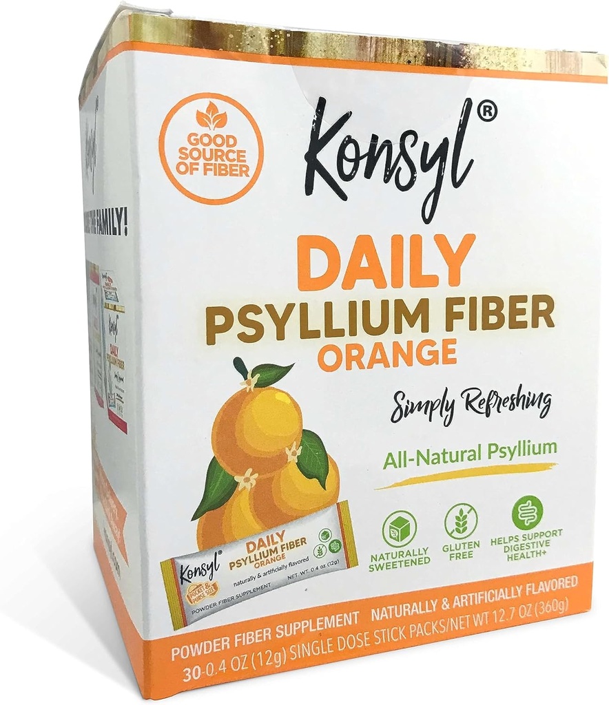 Konsyl Daily Fiber Orange 100% naravni Psylium Husk prašek - naravno sladkan - Gluten Free - 30 posameznih pakiranjih
