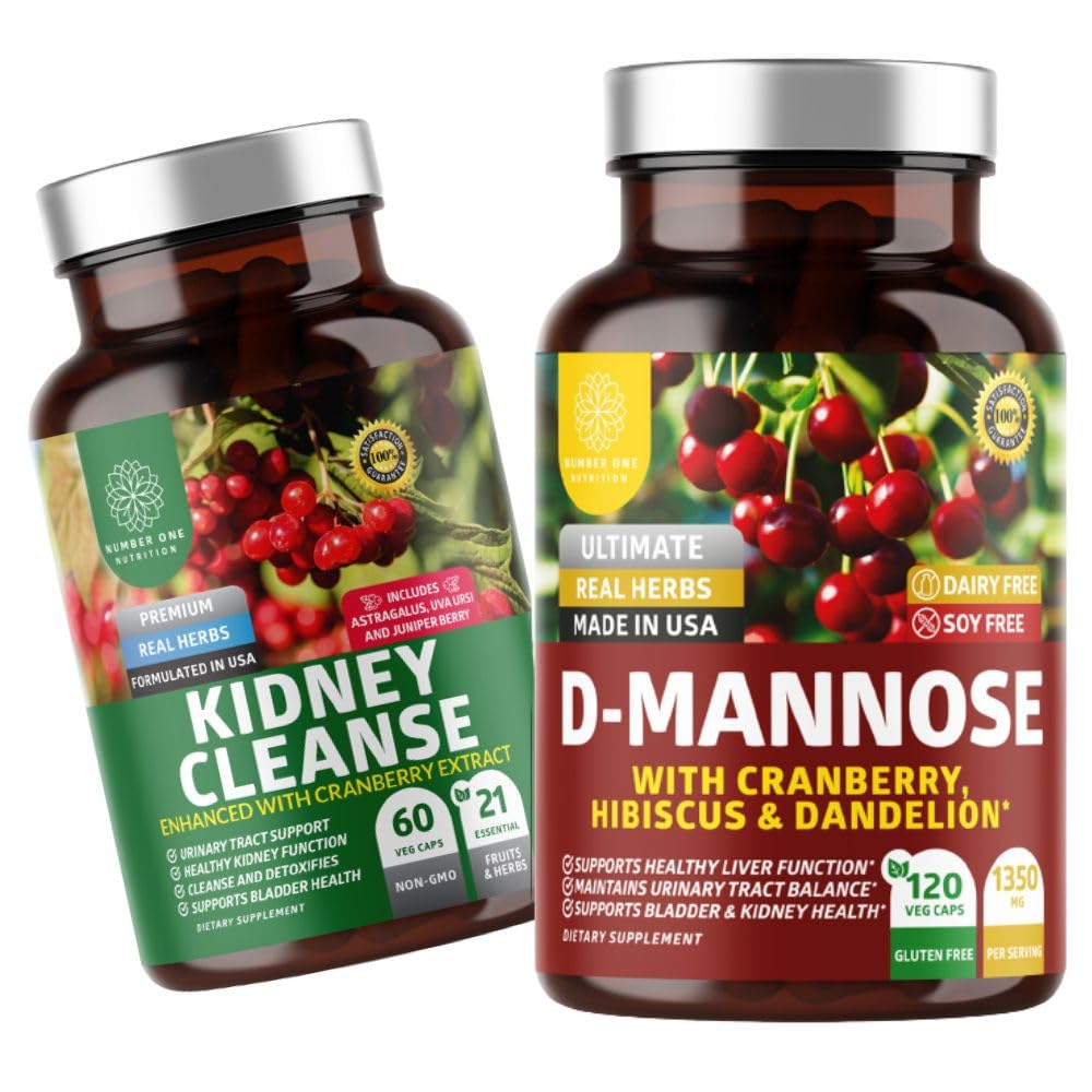 Številka One Nutrition N1N Premium D-mannose [1350mg] z brusnico & Hibiscus in čiščenje ledvic [21 Močna zelišča] z izvlečkom brusnic, Astragalus, Uva Ursi, 2 paketa
