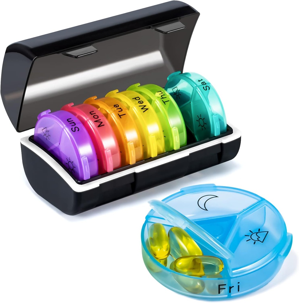 Tedenske tablete Organizator Medicine Container, okrogle tablete primeri Organizatorji 7 dan 3 krat na dan z velikimi oddelki, BPA brezplačno zdravilo Ločevalnik shranjevanje za zadrževanje vitamina, ribje olje, dodatek