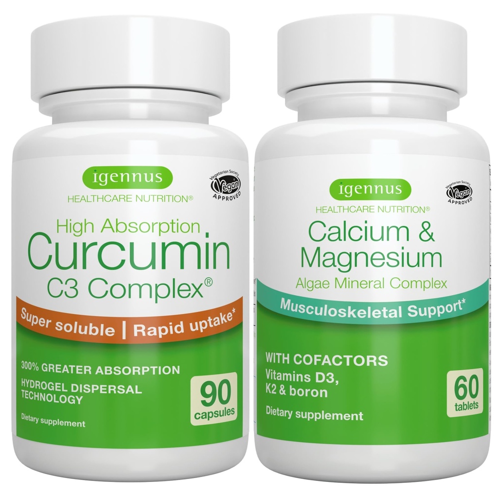 Algae Calcium & Magnesium Complex + High Absorption Curcumin C3 Complex, Vegan Bundle for Bones, Joints & Recovery from Exercise, by Igennus