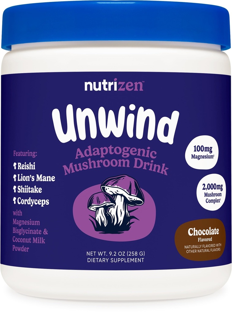 Nutricost Nutrizen PM Unwind Adaptogene gobe pijača (Chocolate Aromed) 30 Servingi - Vključuje Reishi, Levje Mane, Shiitake, Cordyceps