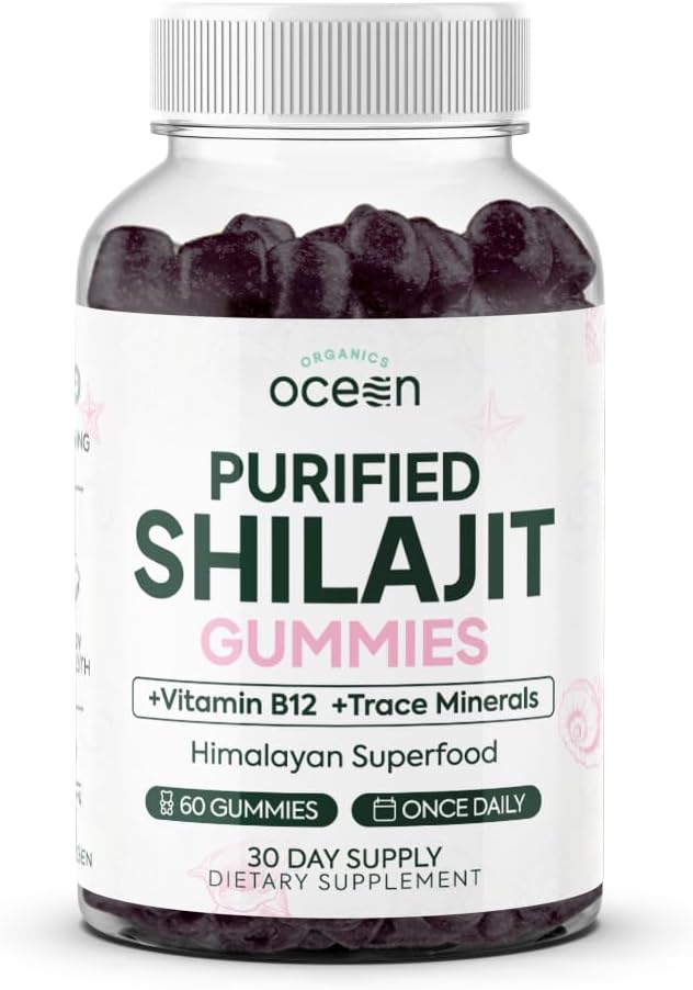 Organics Ocean Shilajit za moške in ženske - naravni dodatek z vitaminom B12, kromom in selenom za staranje, energijo, hormonsko podporo in več - 60 Shilajit Gummies