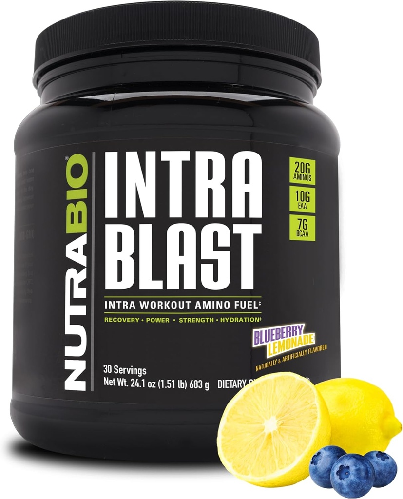 NutraBio Intra Blast Bcaa Powder Aminokisline dodatek, Elektrolit in Hidracija Mešanica, Intra, Pre Workout & Muscle Recovery, 20g Eaa Aminokisline v prahu, 5g Glutamin- borovničeva limonada, 30 Serving