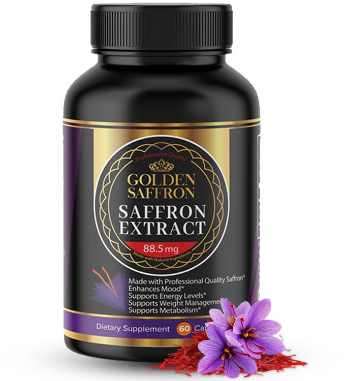 Golden Saffron Extract kapsule - Premium Saffron dodatki - 88,50 mg Pure Saffron tablete - podpora razpoloženju - podpora za oči - čustveno ravnovesje, fokus in zdravje oči Made in The ZDA - 60 kapsul
