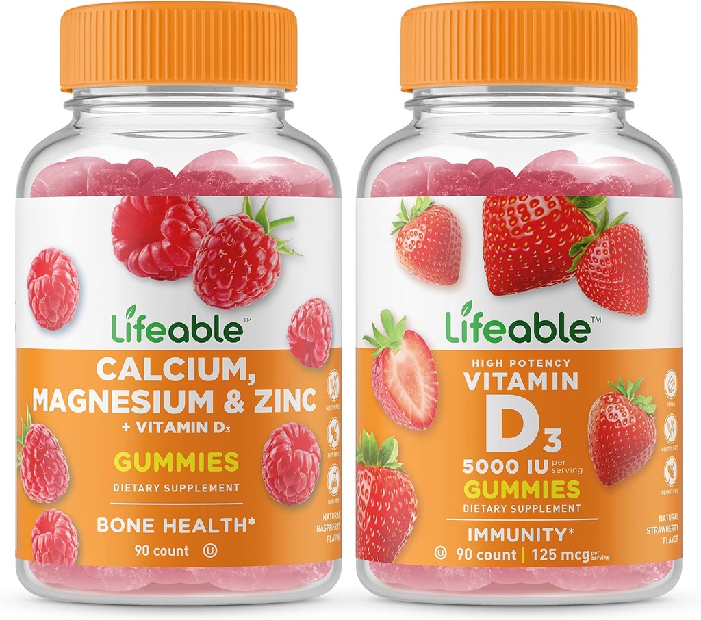 Življenjski kalcij, magnezij, cink & vitamin D + vitamin D 5000 i.e., Gumies Bundle - odličen okus, vitamin dopolnilo, Gluten brezplačno, GSO brezplačno, žvečljivo