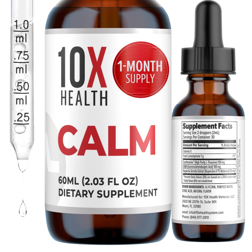 10X Health Calm L Teanine dodatek tekoče kapljice - 100mg L'Theanine kapljice & 100mg GABA dodatki za podporo živcev, mir in stres - naravna aroma 2.03 Fl oz.
