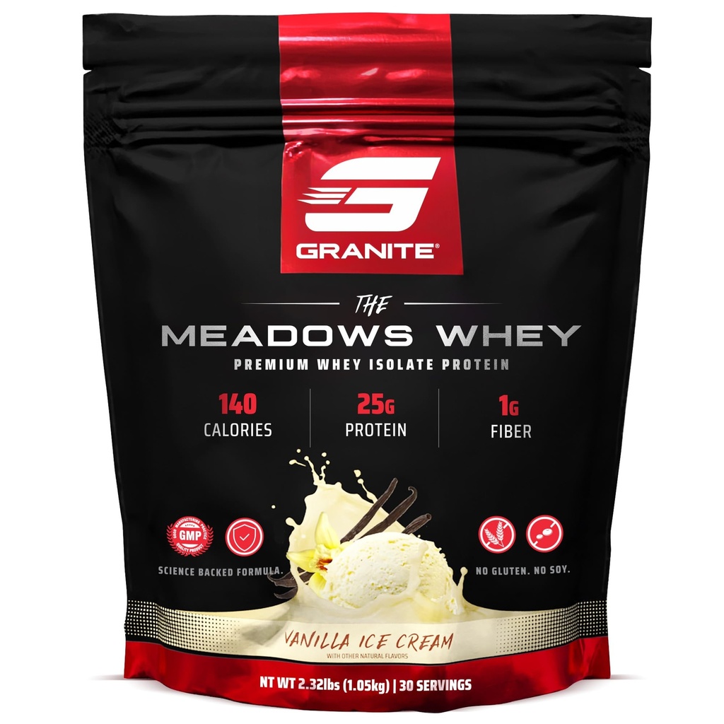 Granit dopolnila The Meadows Whey Protein Isolate Protein Powder for Lean Muscle with 150 Calories, 2g Fiber, 1g Sugar (30 servingov), Vanilla sladoled Flavor