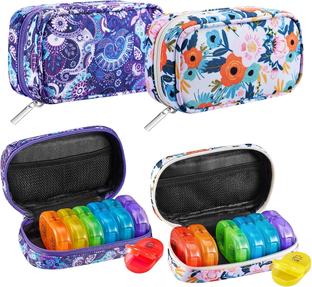Serfeymi Tedenska potovalne tablete Organizator 2 krat na dan AM PM Rainbow tablete Box 7 dan z Zipper Canvas tablete Case, Medicine Organizator za tablete, vitamini, ribje olje - Purple 01+ Bloom 01