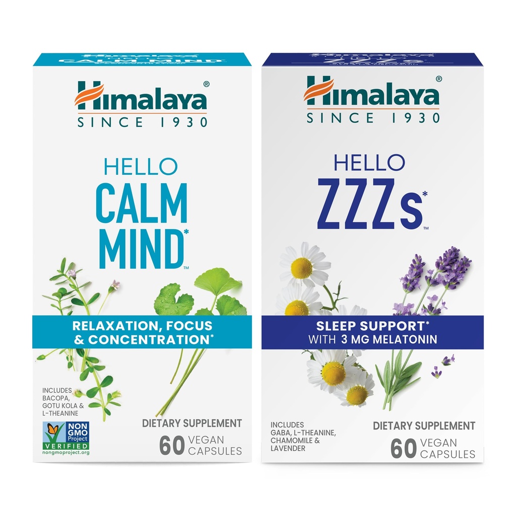 Himalaja Hello Calm Mind z Bacopa za sprostitev, Fokus in koncentracija & Pozdravljeni ZZZs z Melatonin za podporo spanja, 60 Kapsule vsak - paket