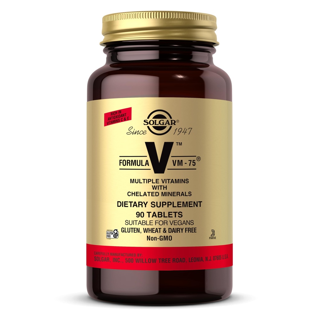 Solgar Formula VM-75, 90 Tablete - multivitaminski pripravki s keliranimi minerali - vitamin A, B6, B12, C, D, E - Biotin, magnezij, kalcij, železo, cink - vegan, brez glutena, brez mleka, Košir - 90 Službnikov