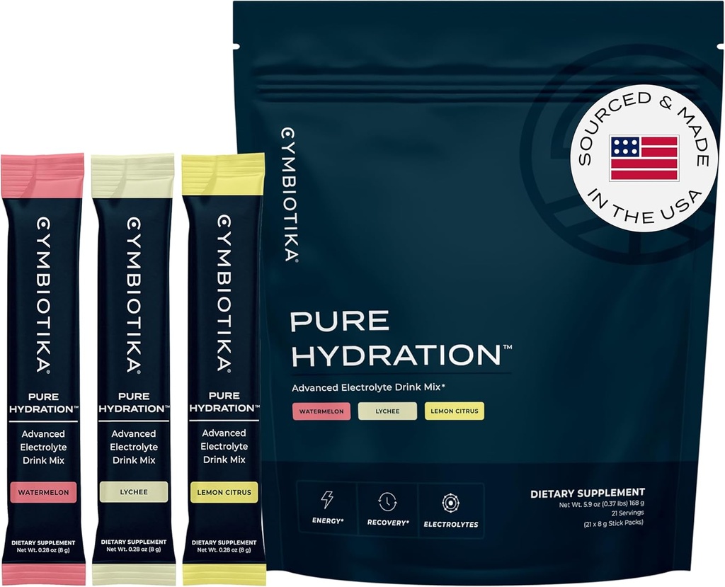 CYMBIOTIKA Pure Hydration Elektrolitis Powder Drink Mešamo z vitaminom C in magnezijem, Keto Prijazno Elektrolit Hydration Packets, Variety Pack, Lemon, Lychee & Watermelon, 7 Vsak, 21 Packets