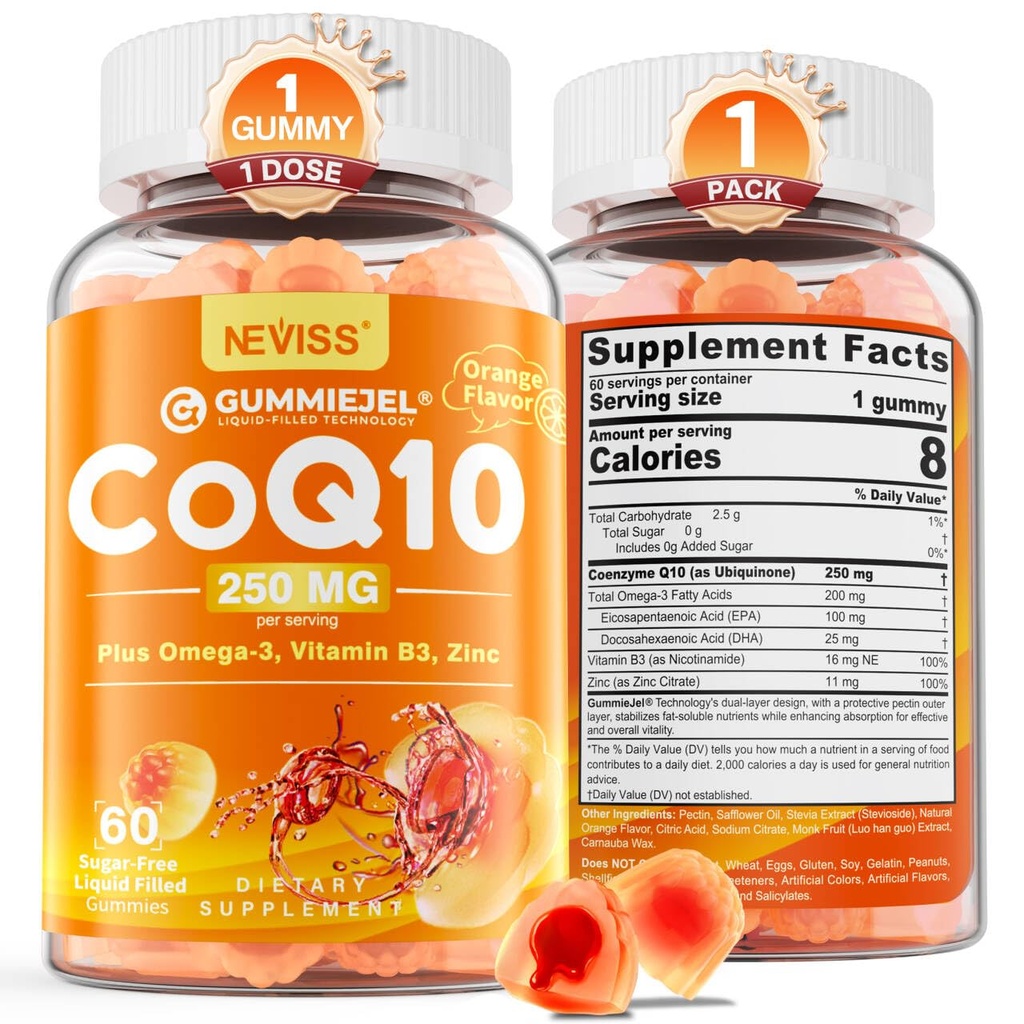 Brez sladkorja CoQ10-250mg / 500mg Polnjene Gummies - Plus Omega-3, EPA + DHA, B3 & cink - Ultra Co Q-10 Dodatki za zdravje Heal-t, celično energijo, antioksidant podporo, Do 60 dan dobave, Vegan 60Cts
