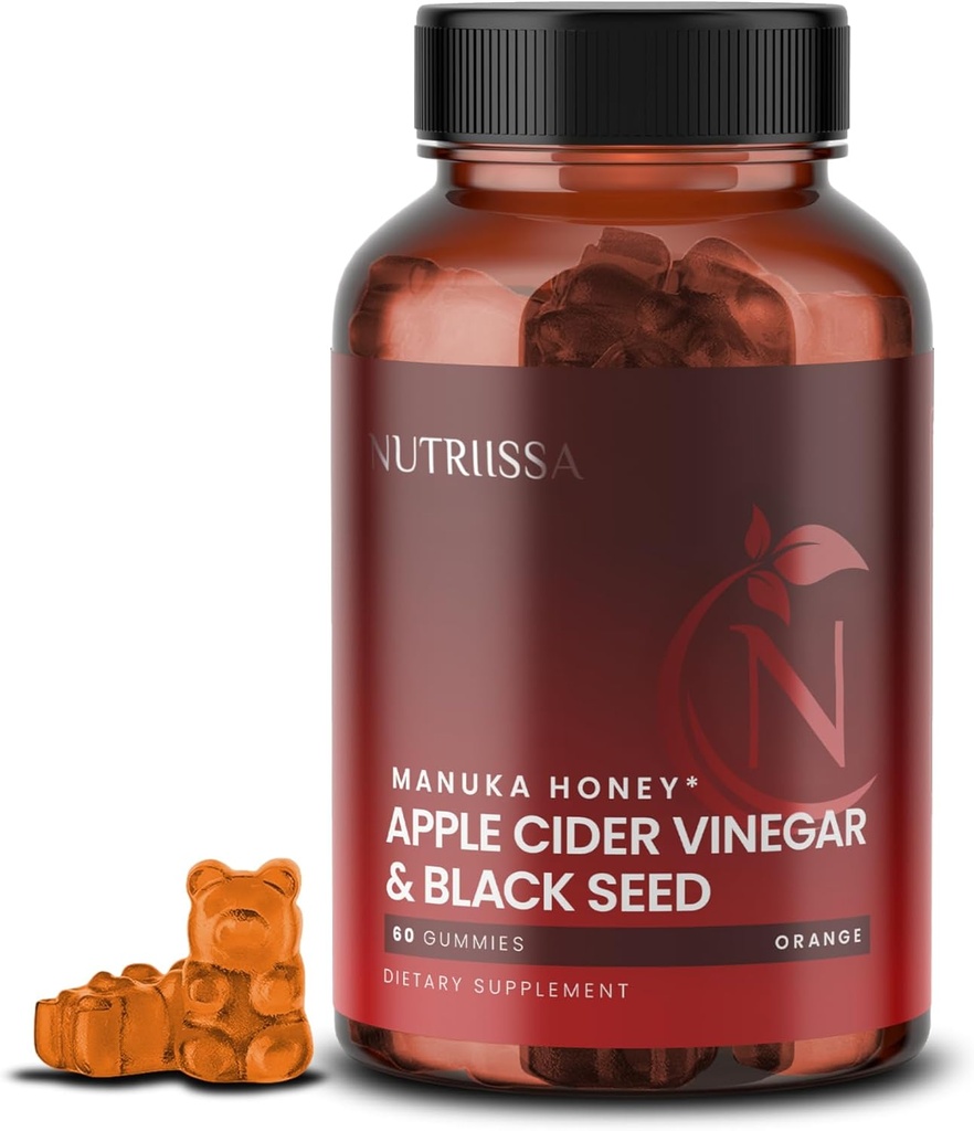 Nutriissa - Apple Cider Vinegar + Black Seed Oil + Elder Berry + Manuka Honey Gummies – Cold-Presed Cumin Seed Nigella Sativa – EPEB Certified for Purity & Potency – 60 Orange Flavored Gummies