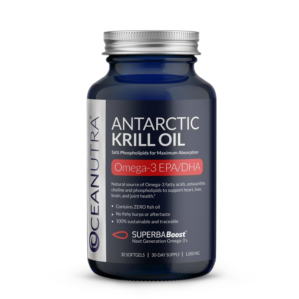 100% Pure Krill Oil 1000mg, Omega 3, najvišja koncentracija 56% fosfolipidov, holin & astaksantin, trajnostna Antarktika SuperbaBoost, DHA, EPA, srce, možgani, oči in koža, brez ribjega olja