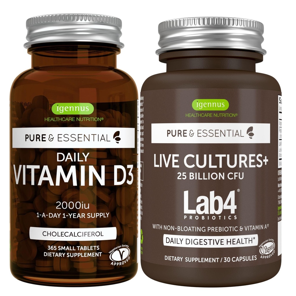 Dnevni vitamin D3 + žive kulture+ Lab4 Probiotiki Bunde, 365 2000iu Vitamin D3 Tablete + 25 milijard CFU Lactobacillus Acidophilus & Bifidobacterium z ne-Bloating Prebiotic, by Igennus