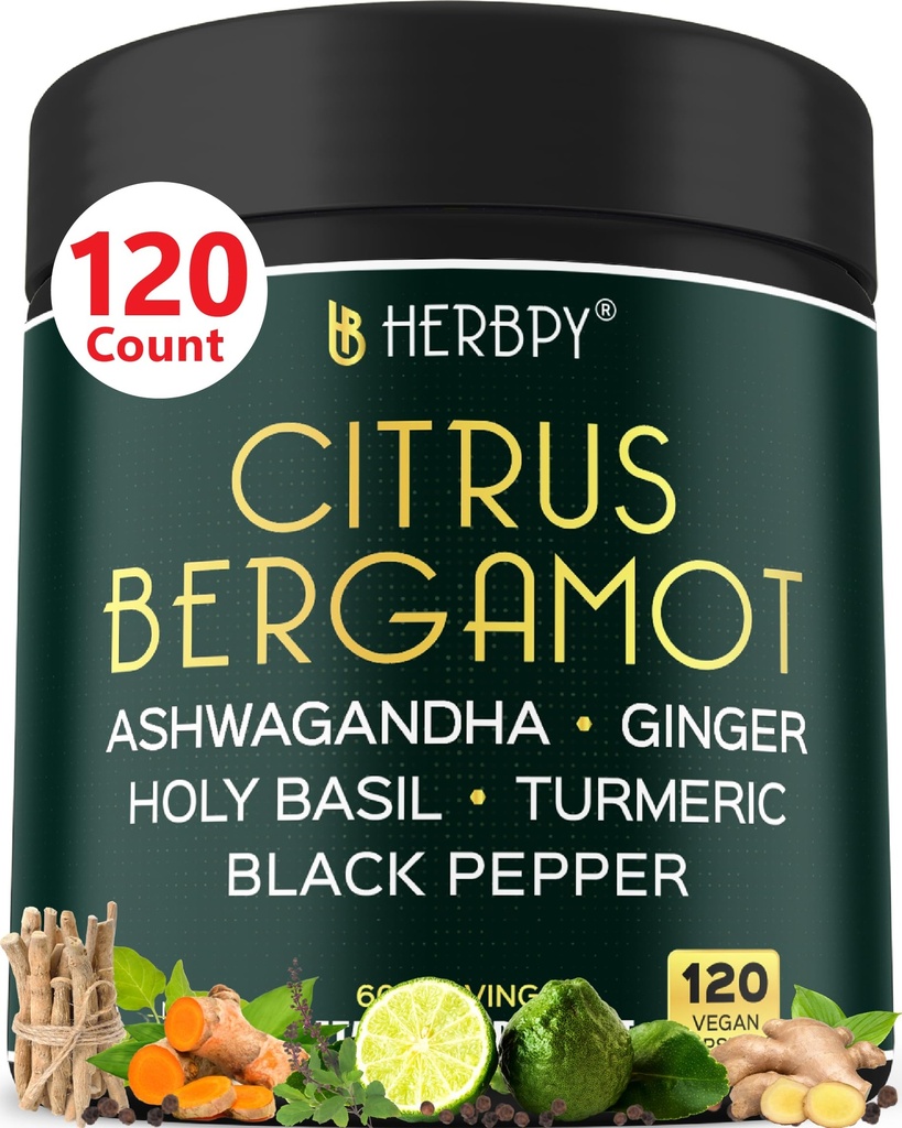6in1 Citrus Bergamot dodatek z Ashwagandha, sveti Basil, Kurkuma & Ginger Root - zdravo staranje, Imuno & sprostitev - 120 Veganske kapsule