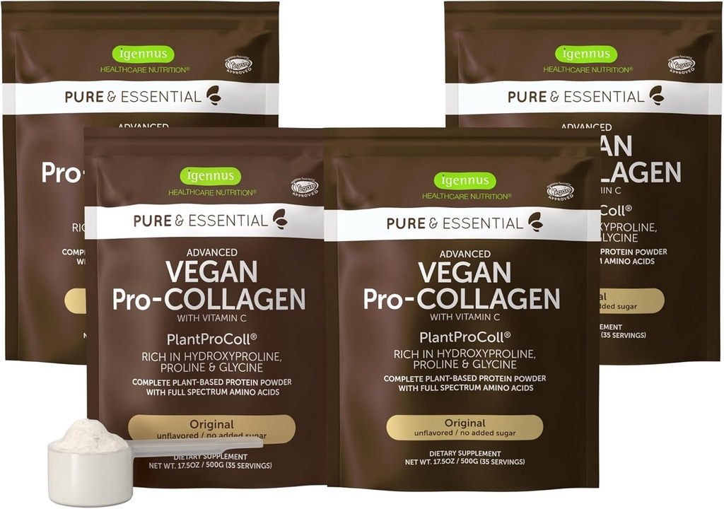 Igennus Vegan Kolagen Peptide Powder, okrepljen z Glycine, Proline & Hydroxyprolin & Cofactor Vitamin C, Non GSO, Popolni vegetarijanski obrat Powder Booster, 4 x 35 Servinges